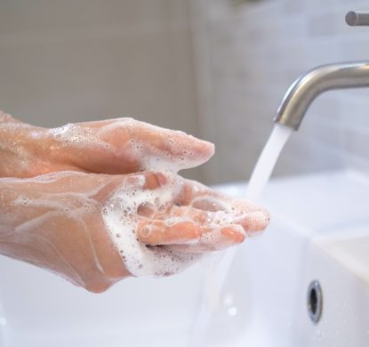 Personal hands wash with soap bubbles and rinse with clean water. Good health