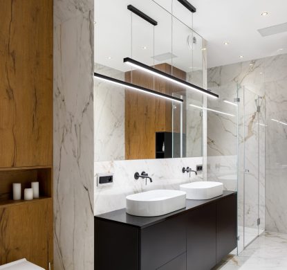 Stylish bathroom interior in wood and marble with two basins and big shower
